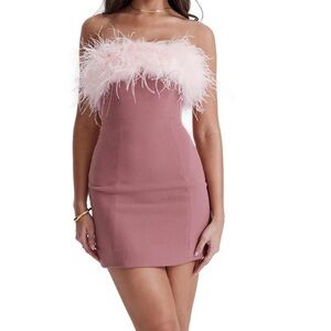 Elegant Pink Strapless Dress with Feather Detail